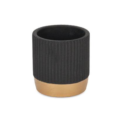 Aurone Round Ridged Ceramic Pot with Gold Finished Base - Black