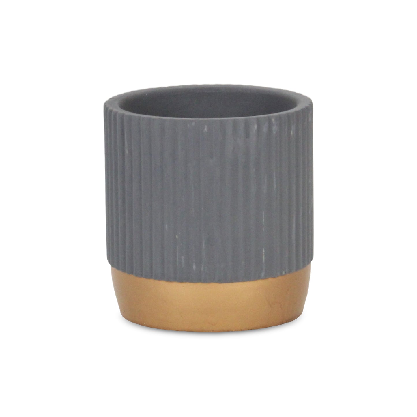 Aurone Round Ridged Ceramic Pot with Gold Finished Base - Gray