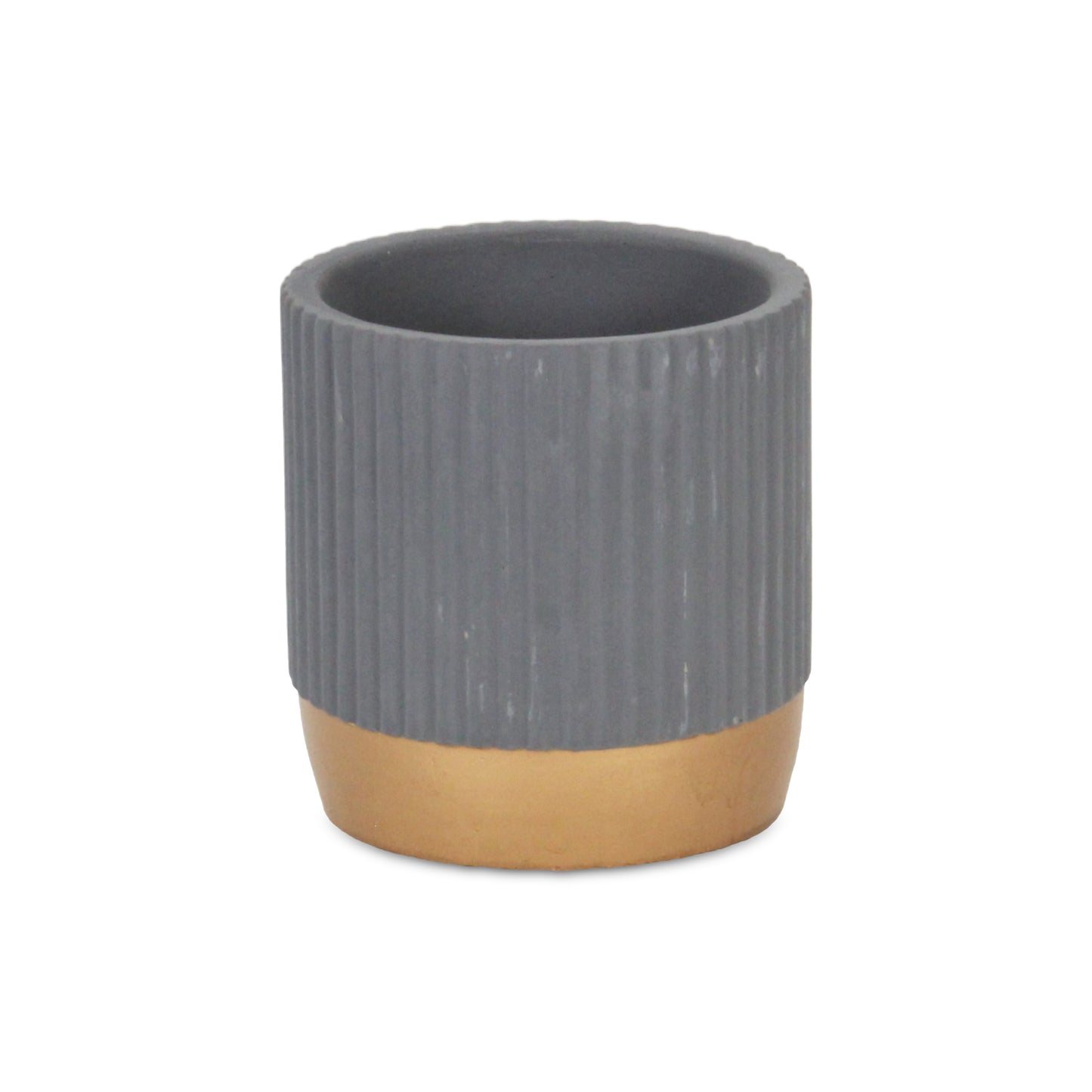 Aurone Round Ridged Ceramic Pot with Gold Finished Base - Gray