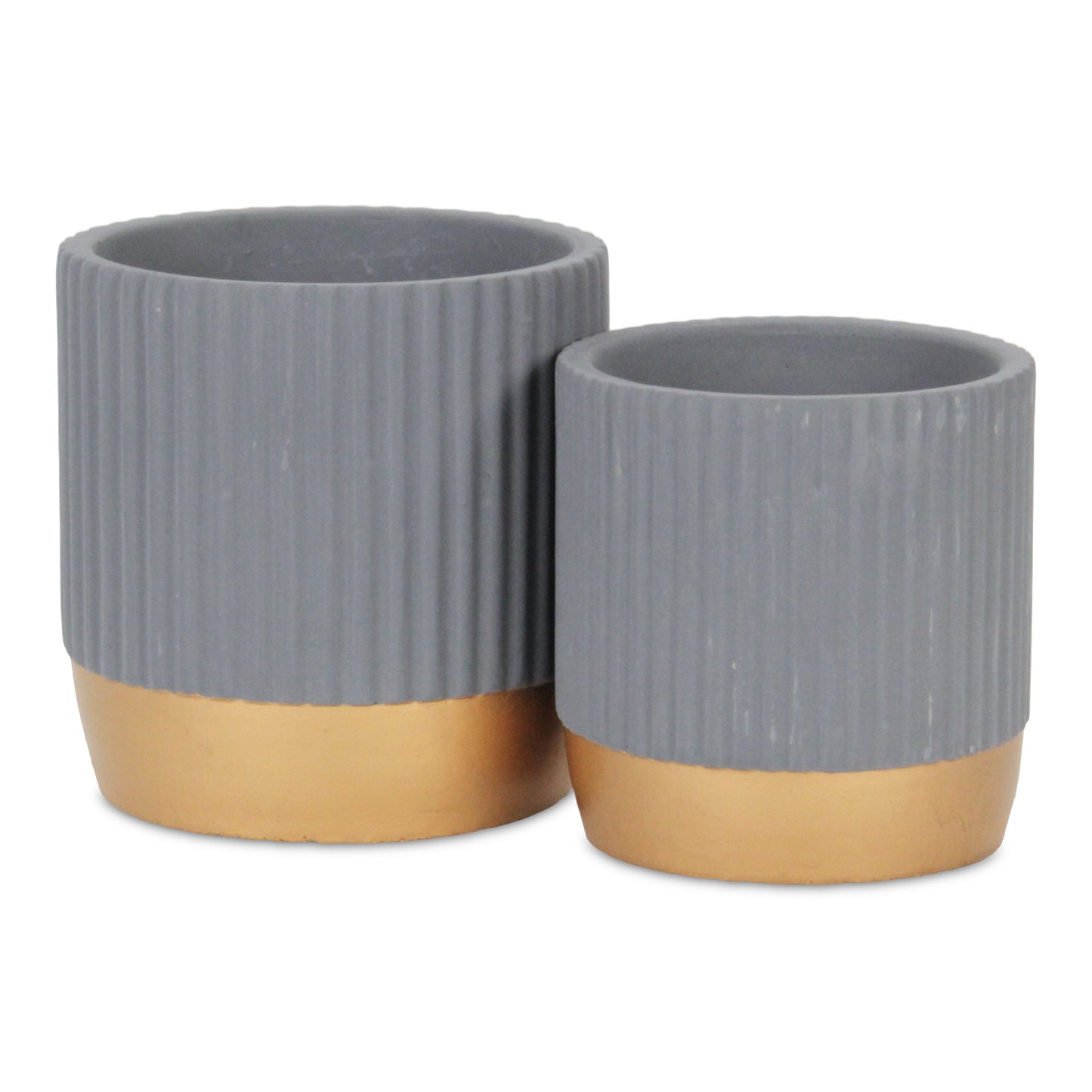 Aurone Round Ridged Ceramic Pot with Gold Finished Base - Gray