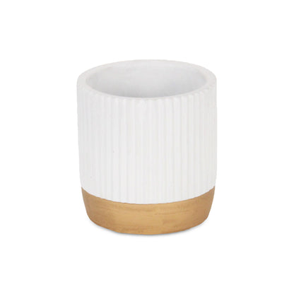 Aurone Round Ridged Ceramic Pot with Gold Finished Base - White