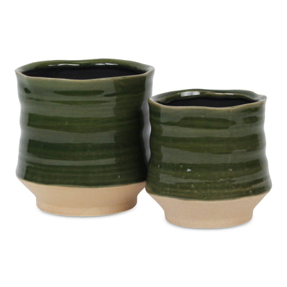 Perlacea Curved Round Tapering Ceramic Pot - Green