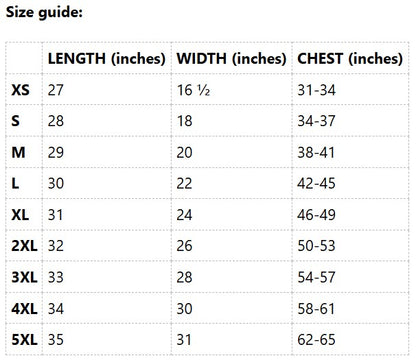 Nope cactus shirt size chart