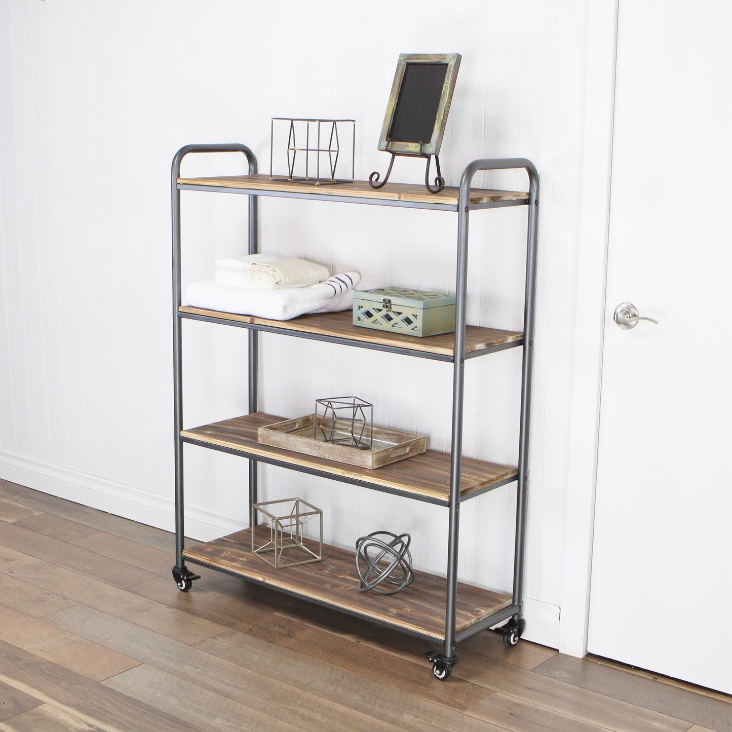 Moxie 4 Tier Wood & Metal Wheeled Display Shelf