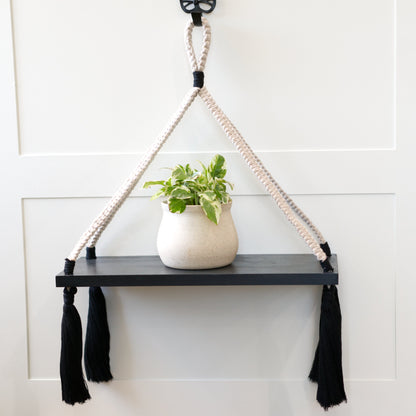 Black single tier macrame shelf