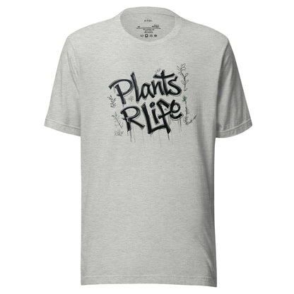 Heather Grey Plants R Life Shirt with Graffiti drawing of the words "Plants R Life" and small plant vines in black.