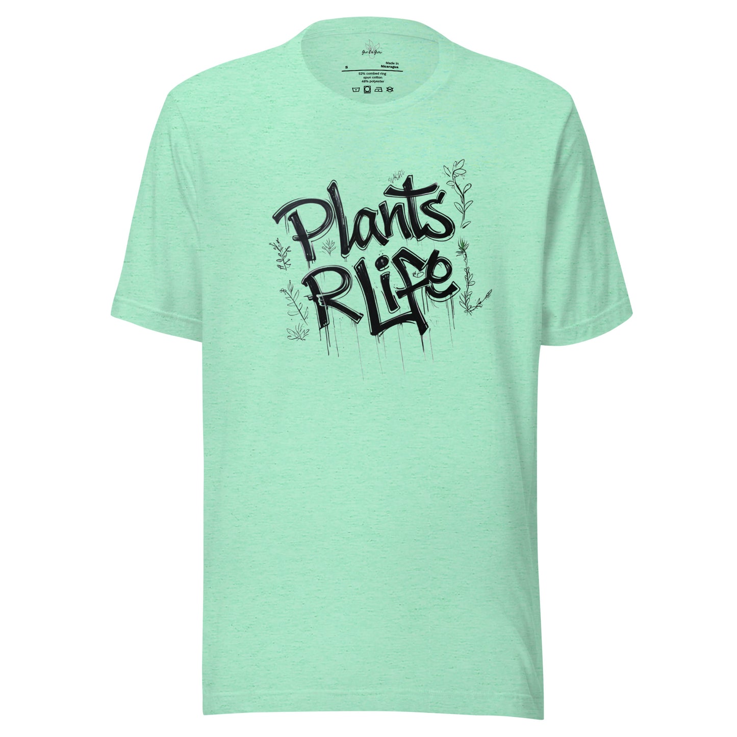 Heather Green Plants R Life Shirt with Graffiti drawing of the words "Plants R Life" and small plant vines in black.