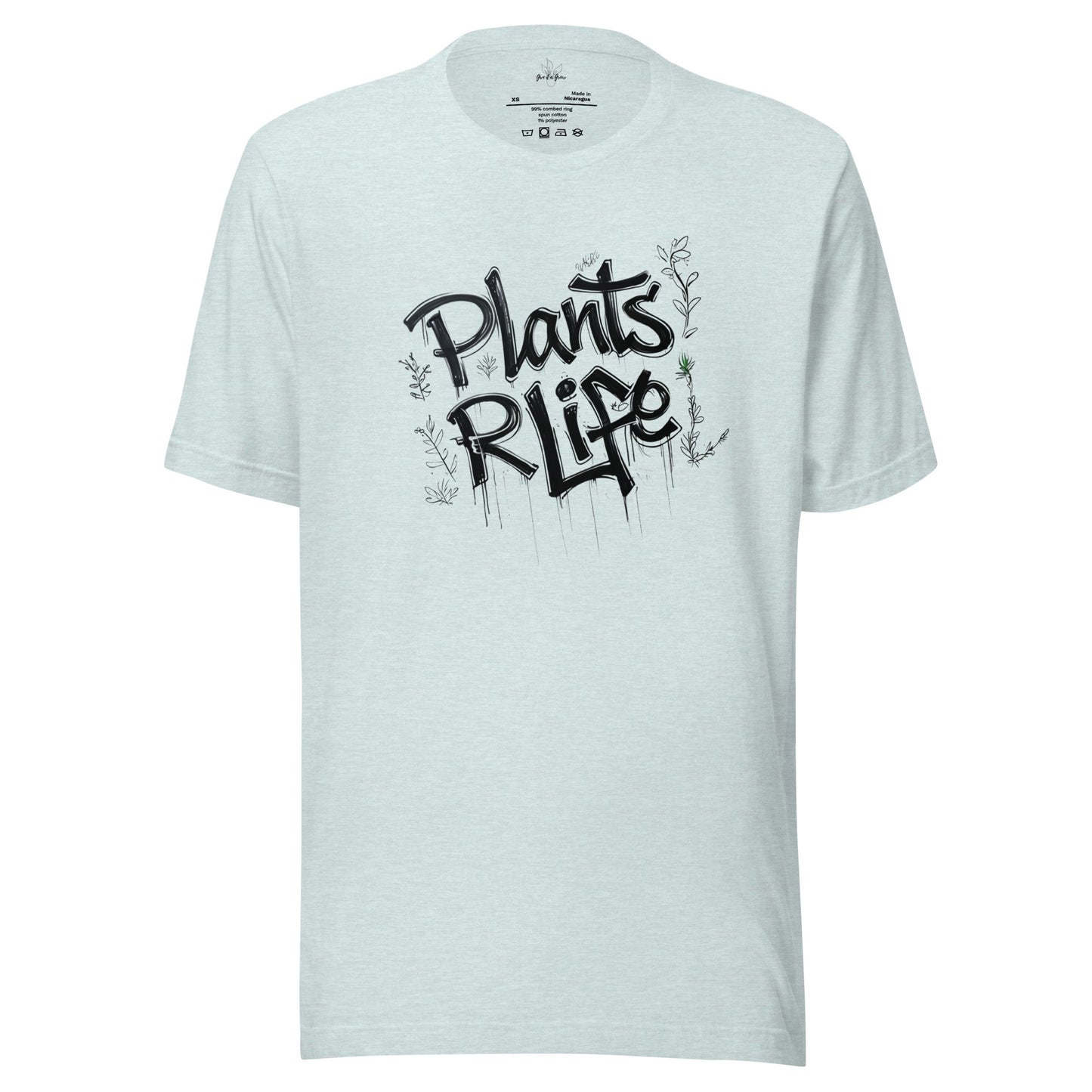 Light Heather Blue Plants R Life Shirt with Graffiti drawing of the words "Plants R Life" and small plant vines in black.