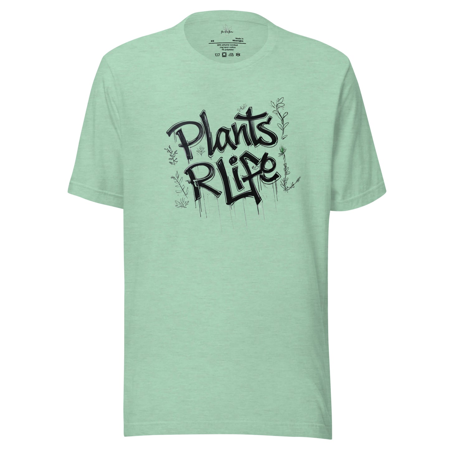 Heather green Plants R Life Shirt with Graffiti drawing of the words "Plants R Life" and small plant vines in black.