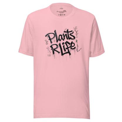 Pink Plants R Life Shirt with Graffiti drawing of the words "Plants R Life" and small plant vines in black.