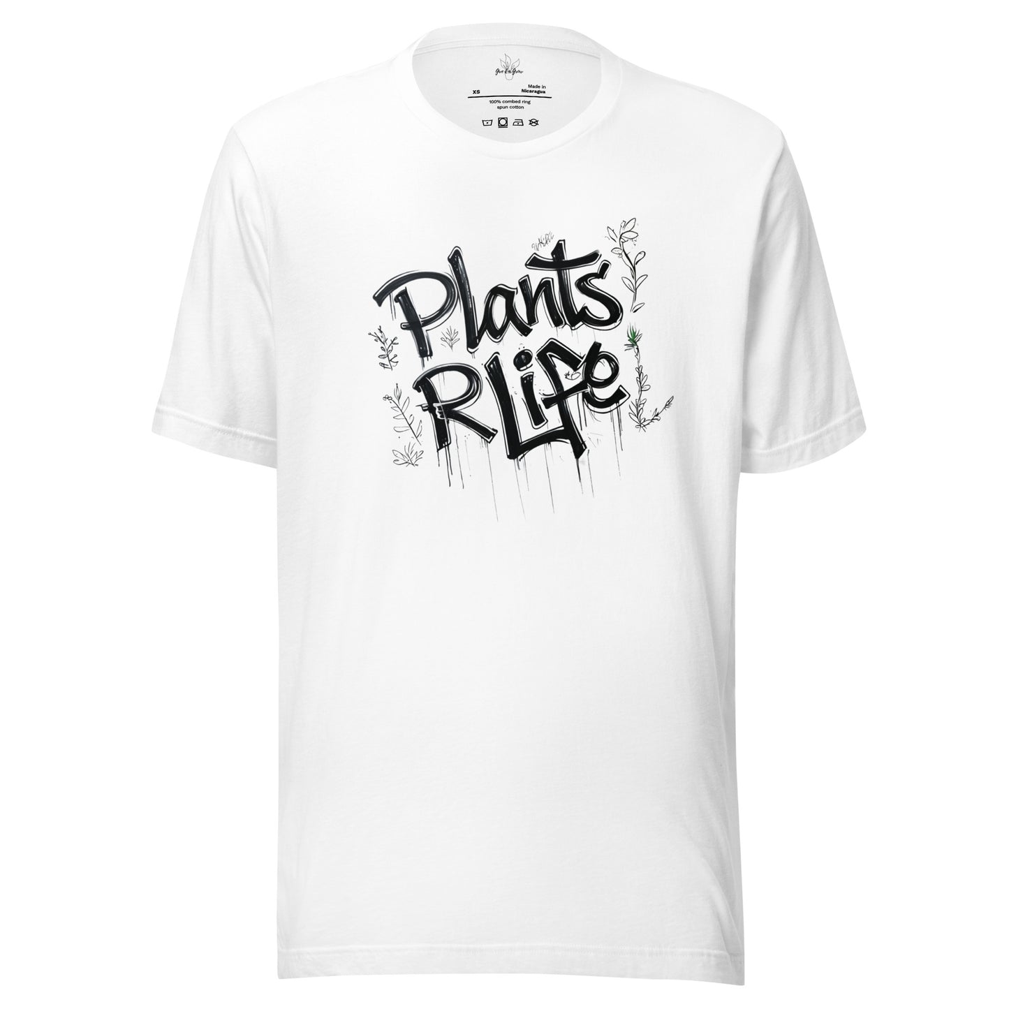 White Plants R Life Shirt with Graffiti drawing of the words "Plants R Life" and small plant vines in black.